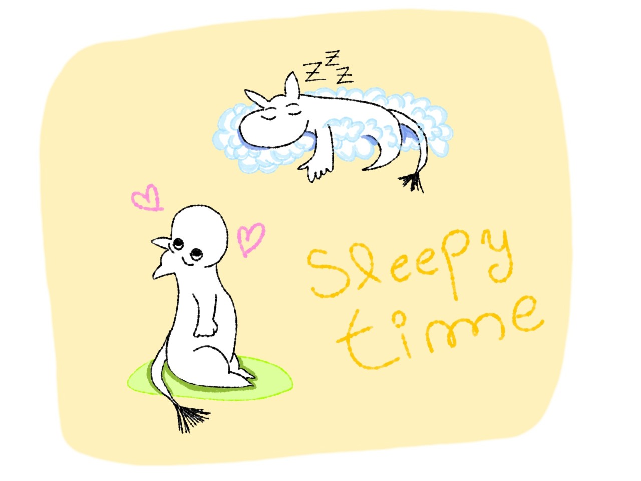 Two moomins, one is looking up to another resting on a cloud